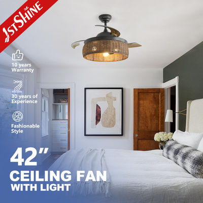 comprare Controllo intelligente di design rustico ventilatore di soffitto in rotino con lame retrattibili e kit di luce fabbricazione online